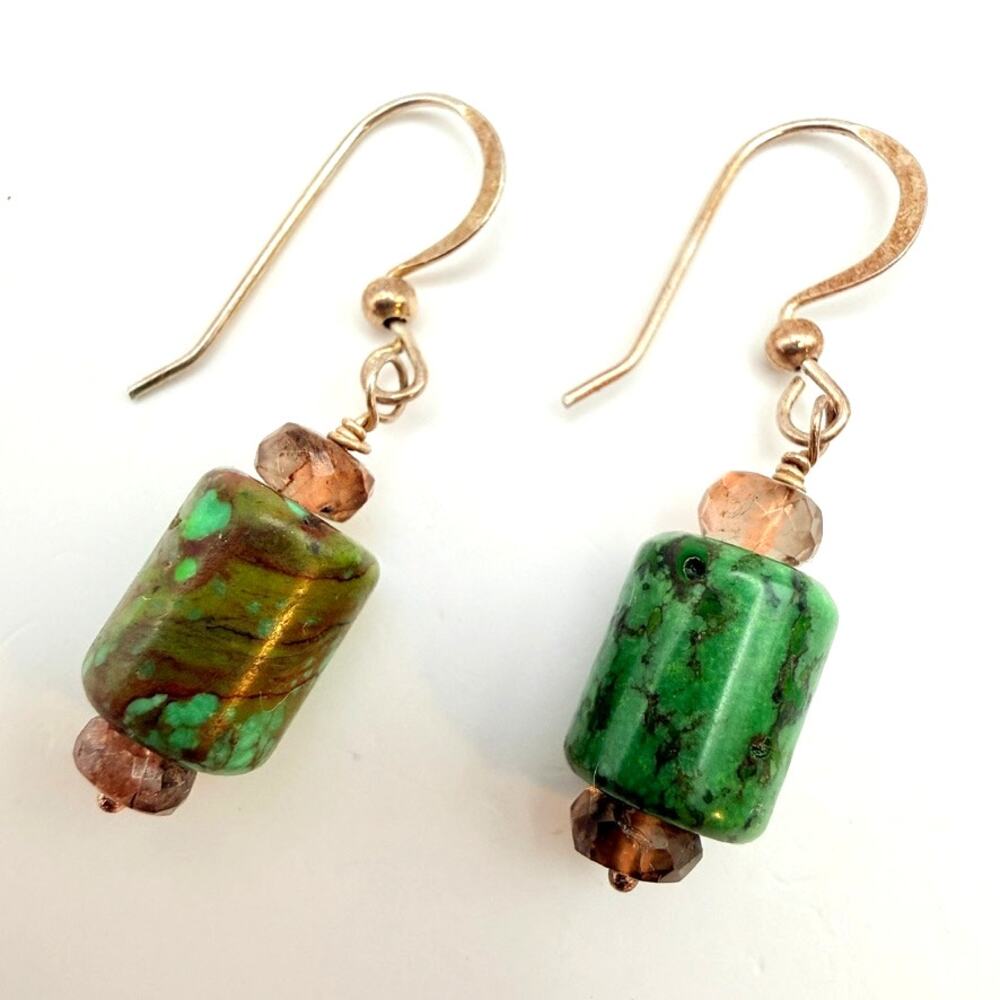 Vintage 925 Sterling Silver Green Turquoise Barrel Dangle Drop Earrings